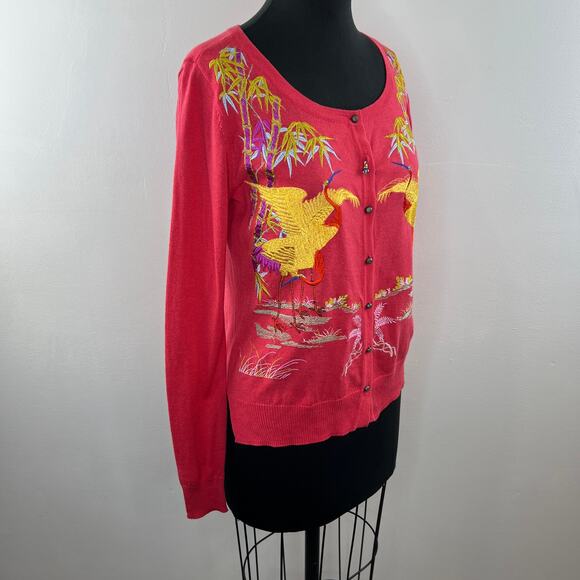 Soft Surroundings Pink XS Cardigan Sweater Embroidered Cranes Birds Long Sleeve - Picture 3 of 10